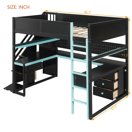 Full Size Wooden Gaming Loft Bed with Storage Stairs, Desk, Shelves and Pegboard