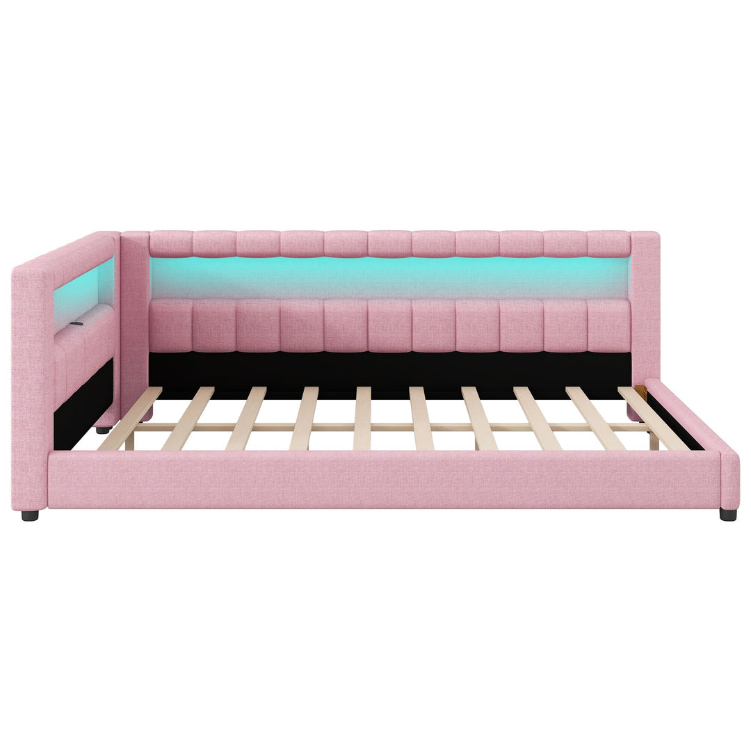 Upholstered Low-Profile Daybed Platform Bed Built-In USB Ports and LED Light Belt, Grounded Design with Padded Backrest