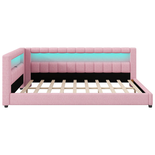 Upholstered Low-Profile Daybed Platform Bed Built-In USB Ports and LED Light Belt, Grounded Design with Padded Backrest