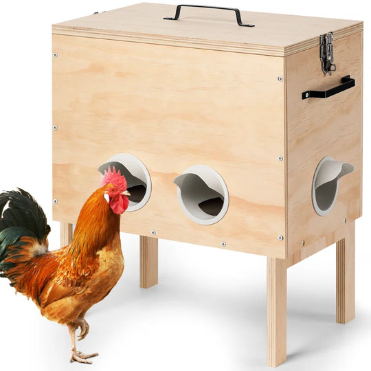 Automatic Wooden Chicken Feeder, Large 40 Lb Capacity, No Waste with Locking Lid & Legs, 6 Port, Supports 15-20 Days of Feeding for Chicken, Goose, Duck & Turkey – Coop Supplies