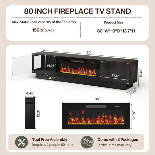 80" Fireplace TV Stand with Adjustable LED Lights, Modern Entertainment Center with Glass Door Storage Cabinet, Black