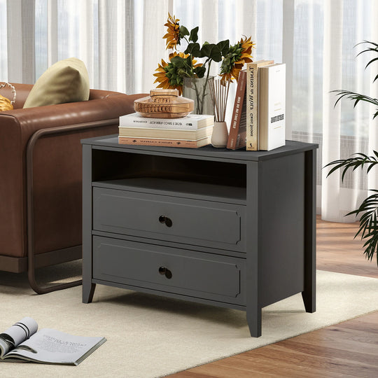 Wide Nightstand – 2‑Drawer Bedside Table with Open Shelf, MDF Wood End Table for Bedroom Living Room