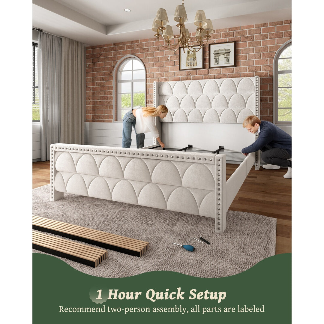 Hansabenne Solid Wood Bed Frame Queen and King Platform Bed Frame with Headboard White and Gray