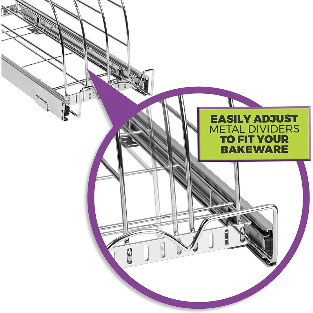 Hold N Storage Pull Out Bakeware Organizer 8.5” W X 21” L X 10.63” H Heavy Duty, Chrome