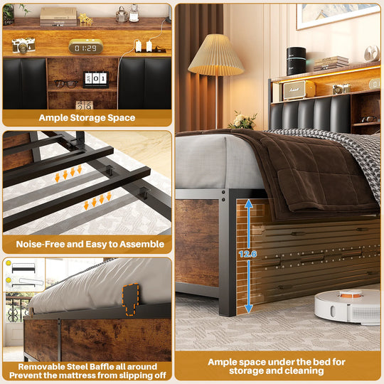 Upholstered Bed Frame with Storage Shelving, Platform Beds with Charge Station and LED Lights