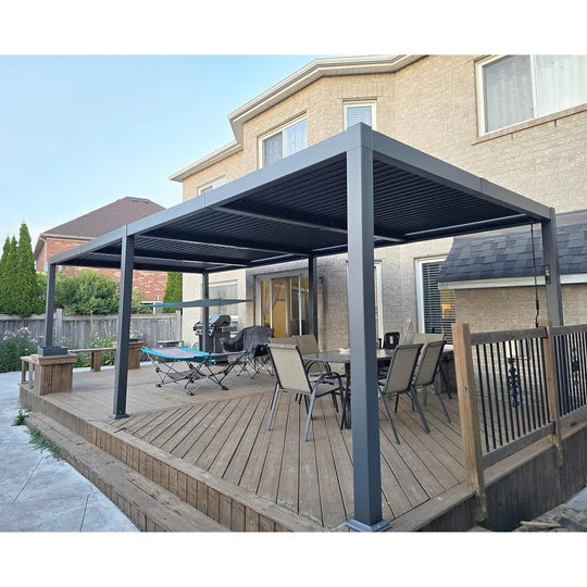 Solar Louvered Pergola with LED String Lights Aluminum Outdoor Pergola with Adjustable Roof for Patio Garden