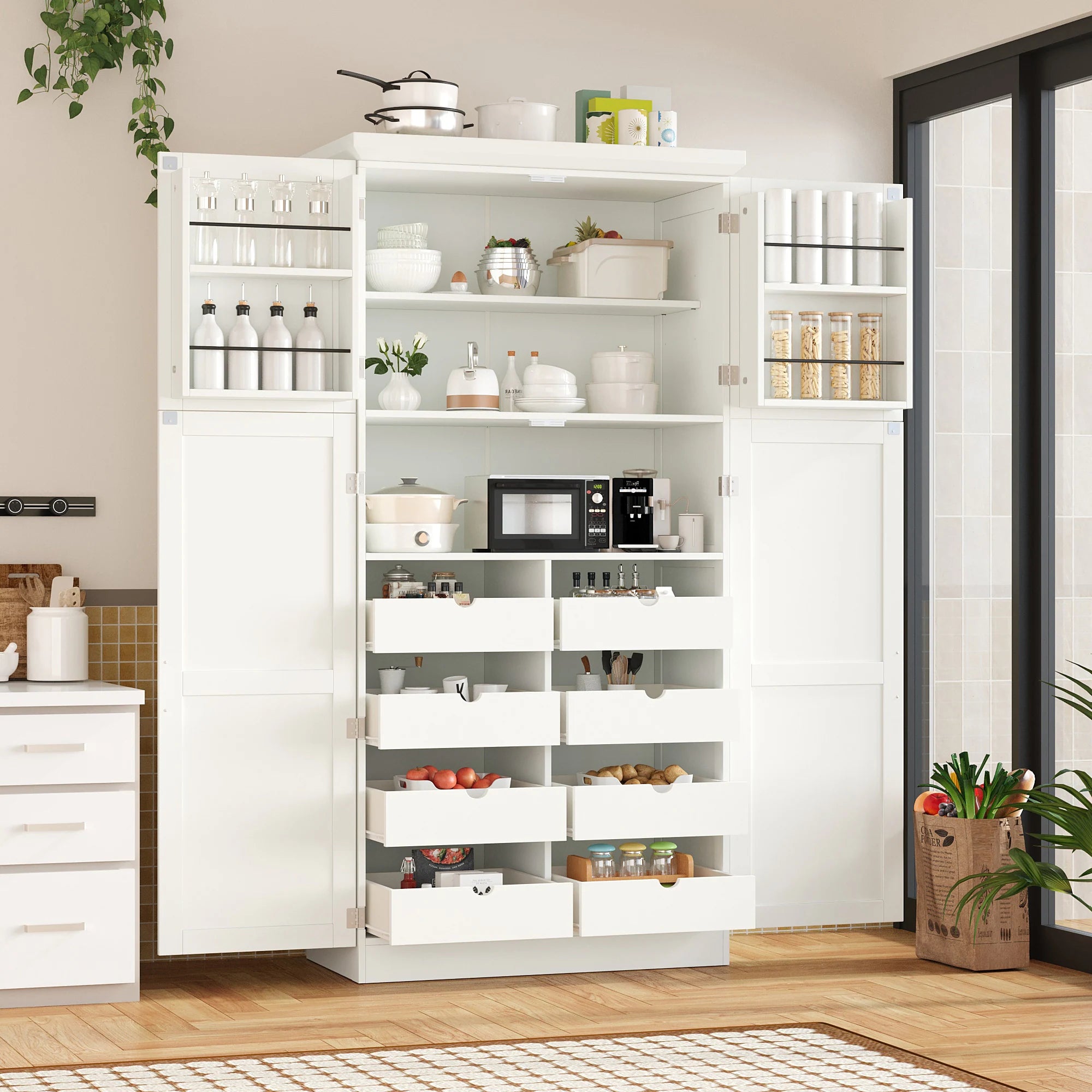 Tall Kitchen Pantry Cabinet with Pull-Out Trays - 35.5" 4-Door Storage Unit, Adjustable Shelves for Dining Room