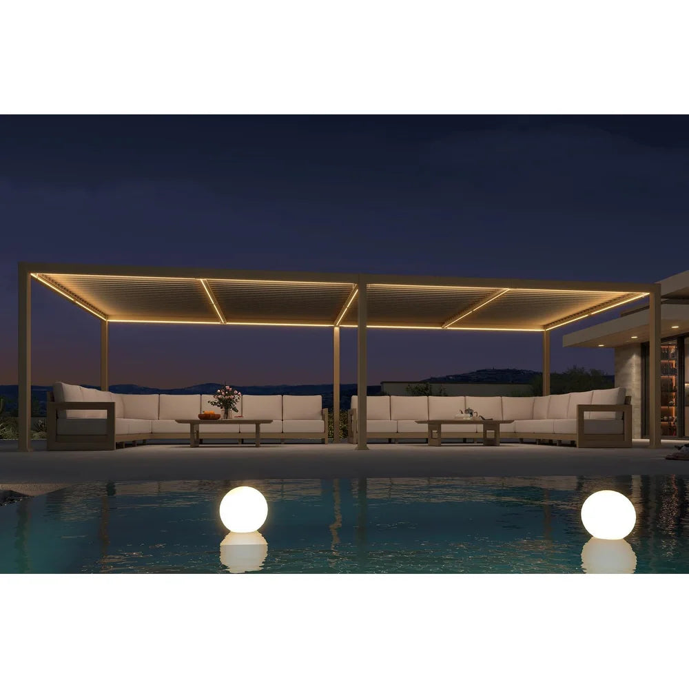 Solar Louvered Pergola with LED String Lights Aluminum Outdoor Pergola with Adjustable Roof for Patio Garden