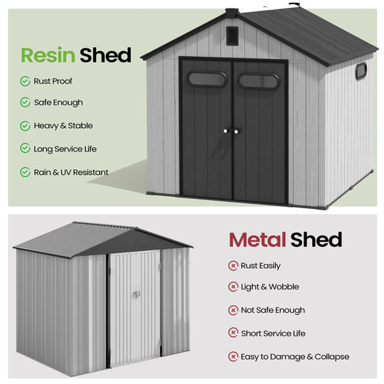 8X8/8X10/8X12 FT All-Weather Outdoor Resin Lockable Storage Shed with Windows Floor for Patio Furniture and Tools
