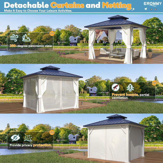 Outdoor Hardtop Gazebo W Galvanized Steel Double Roof & Aluminum Frame, 10'X12' Pergola with Premium Curtains and Nettings
