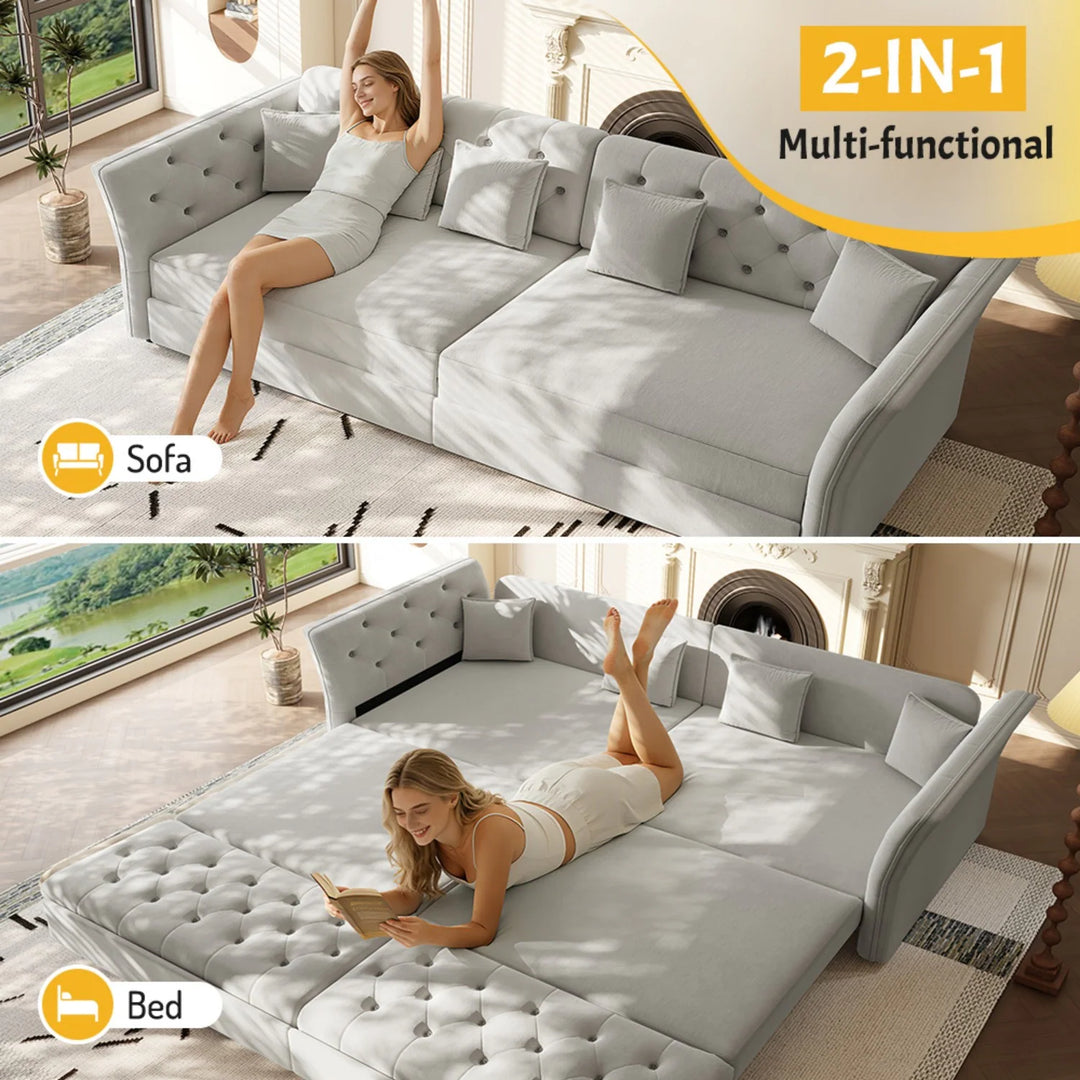 100" Velvet Convertible Sofa Bed with with Fabric Flower Tufted Design