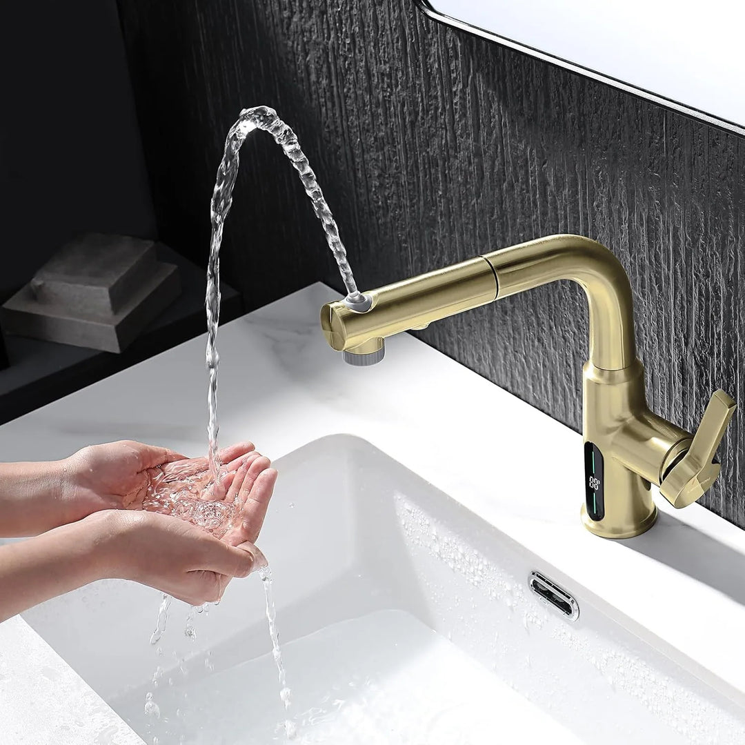 Single Hole Liftable Bathroom Faucet with Temperature Display in Fahrenheit, 3 Water Modes, BF2501