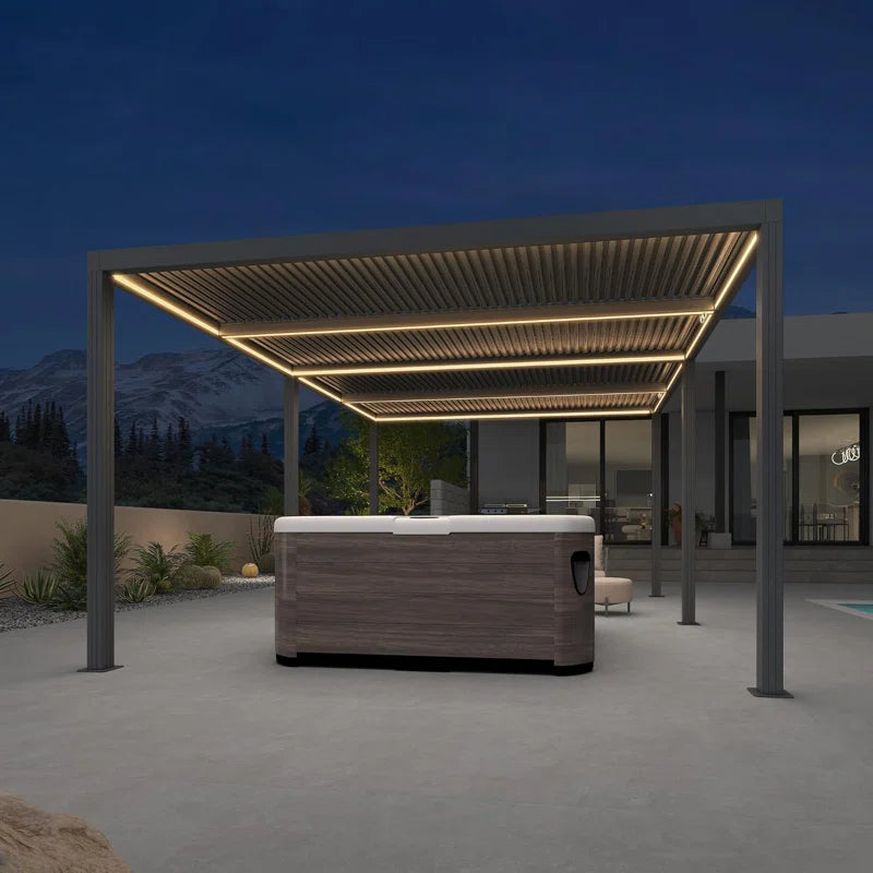Led Louvered Pergola Full Aluminum Frame and Adjustable Roof Integrated Strip Lights for Outdoor Patio Gray Hardtop Gazebo Pergola