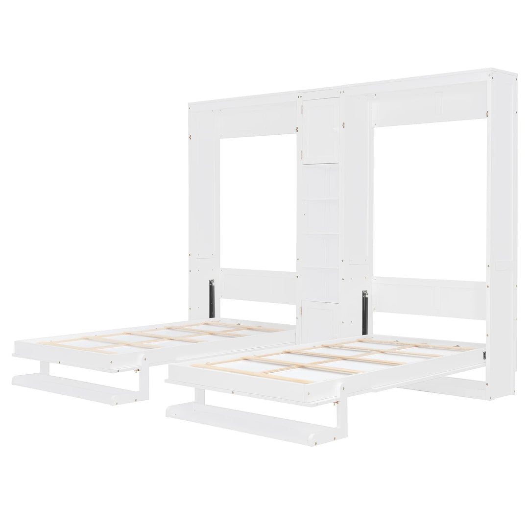 Dual Twin Size Wall Murphy Beds with Cabinets and Shelves, Space-Saving Design