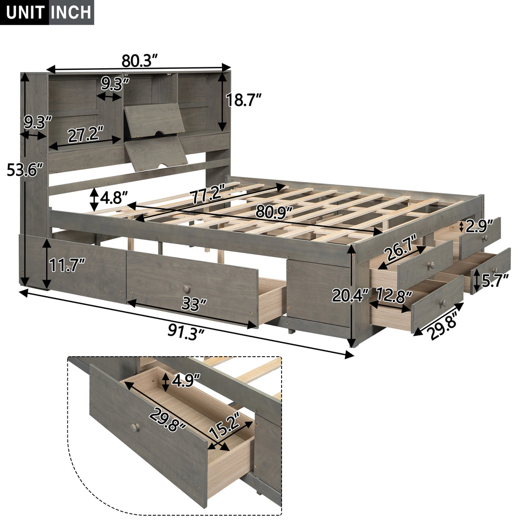 King Size Platform Bed with Storage Headboard and 8 Drawers