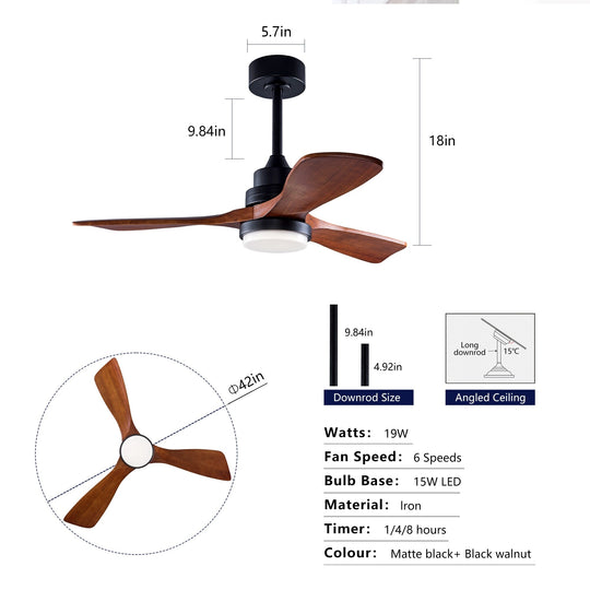 Sofucor 42"/48"/ 52"/60"Noiseless Walnut Wood Ceiling Fan with Remote Control, Integrated Light Optional