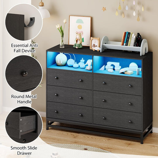 6 Drawer Dresser with Led Lights and Power Outlets