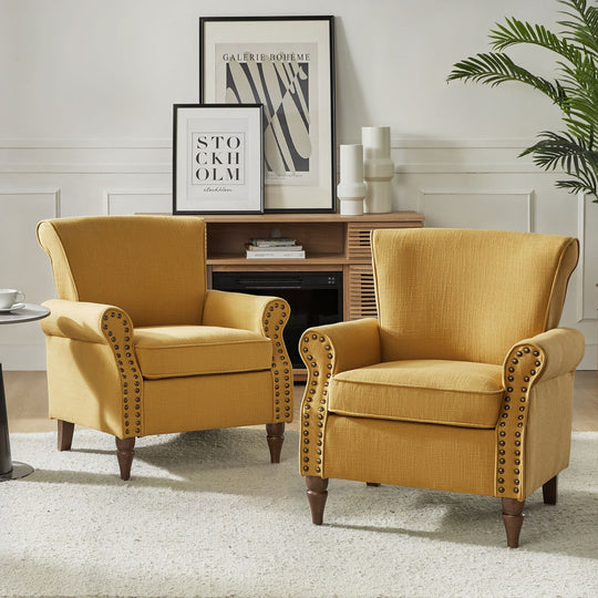 Nyctelius Upholstered Comfy Accent Chair with Turned Wooden Legs and Nailhead Trim Set of 2 by