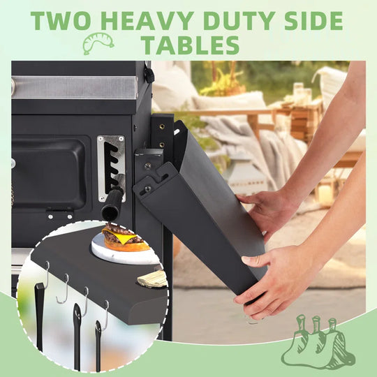 37.8" Dual Zone Charcoal Bbq Grill with Adjustable Charcoal Trays and 2 Foldable Side Table
