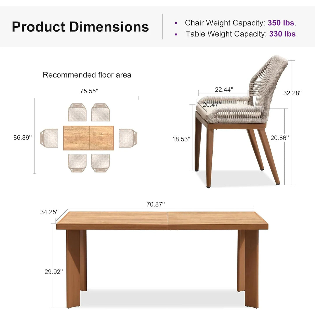 Dining Set Patio Metal Rectangular Table and Wicker Rattan Chairs for outside Porch Modern Outdoor Furniture Sets