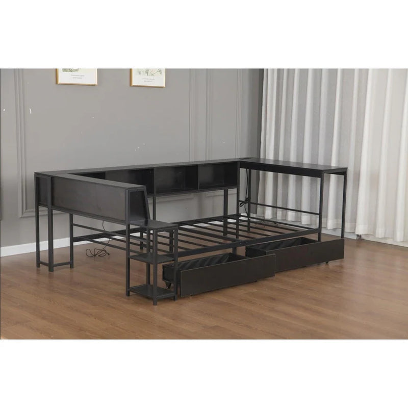 Corner Bed Frame Full Size with Bookcase Two Underbed Storage Drawers LED
