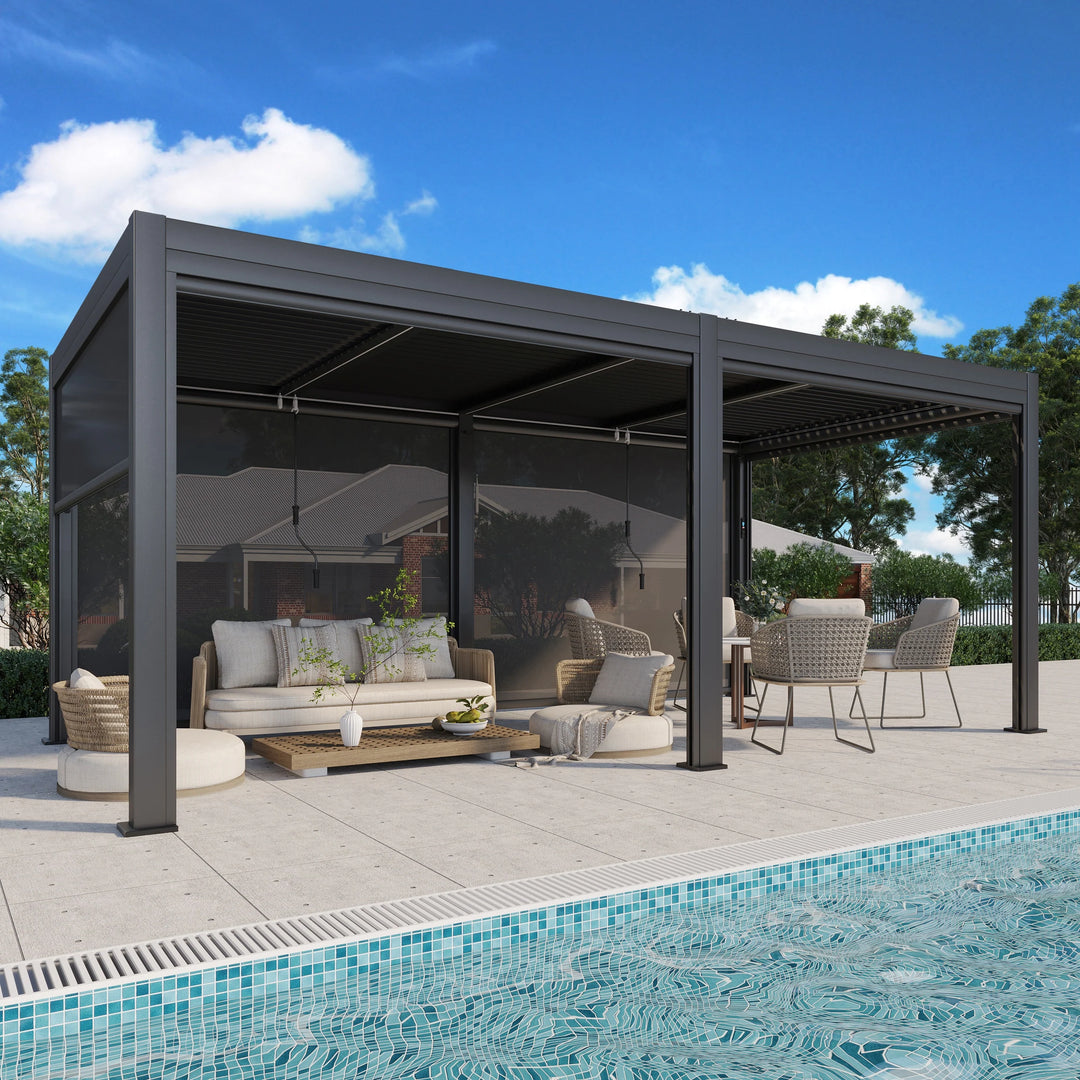 Outdoor Louvered Pergola Gazebo with Adjustable Aluminum Rainproof Roof and Pull-Down Screen