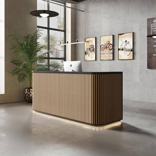 WESOME 70.87In Mid Century Curved Reception Desk with Cable Box LED Light