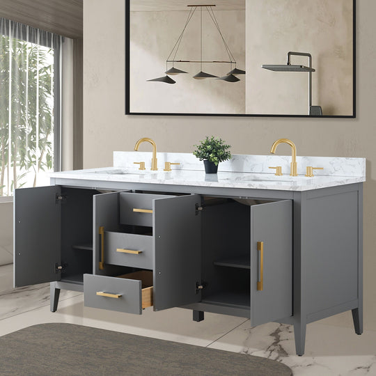 72" Double Sink Bathroom Vanity Cabinet with Engineered Marble Top