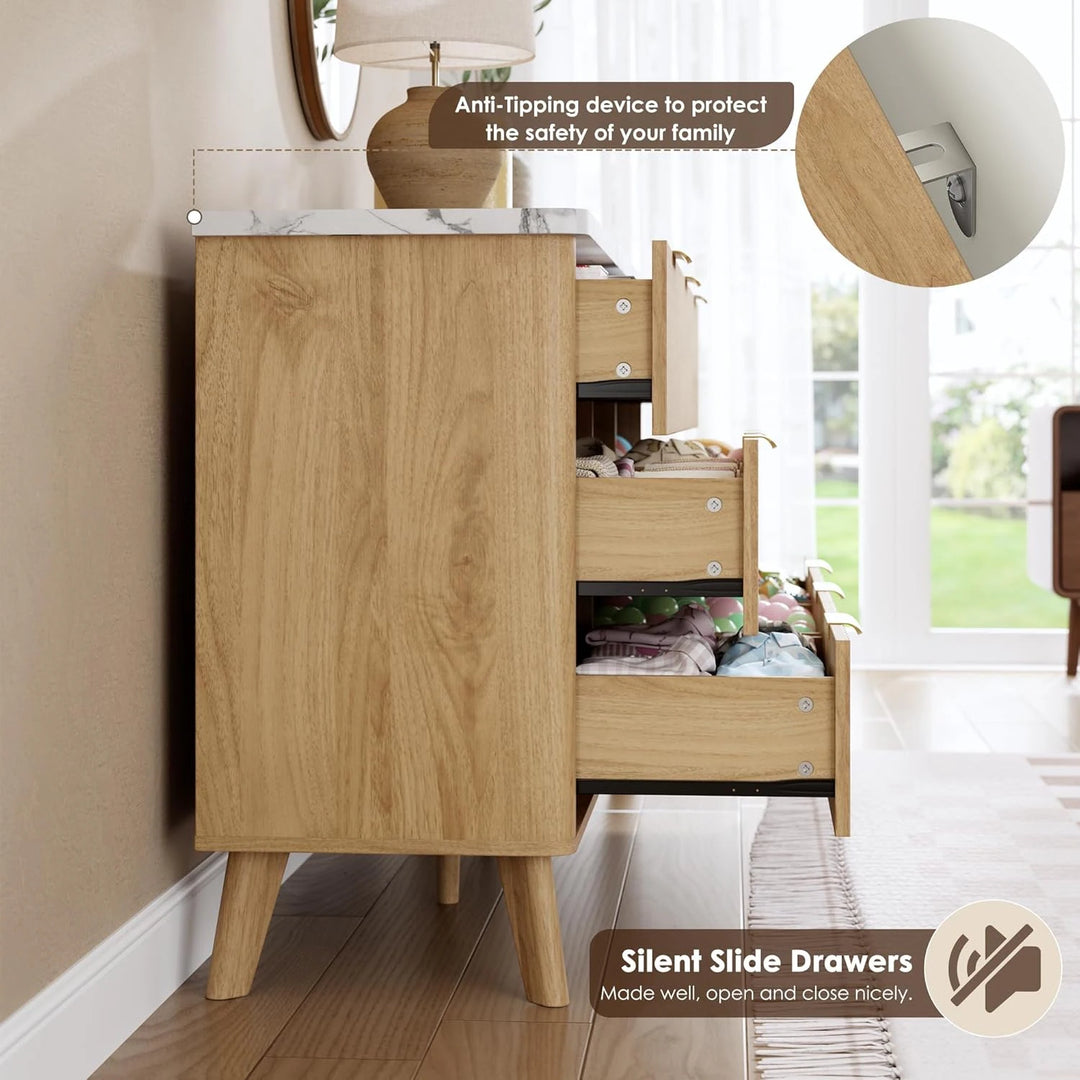 Fluted 9-Drawer Dresser, 60.6" Wide Modern Wooden Chest with Curved Design, Dresser TV Stand for Living Room, Walnut