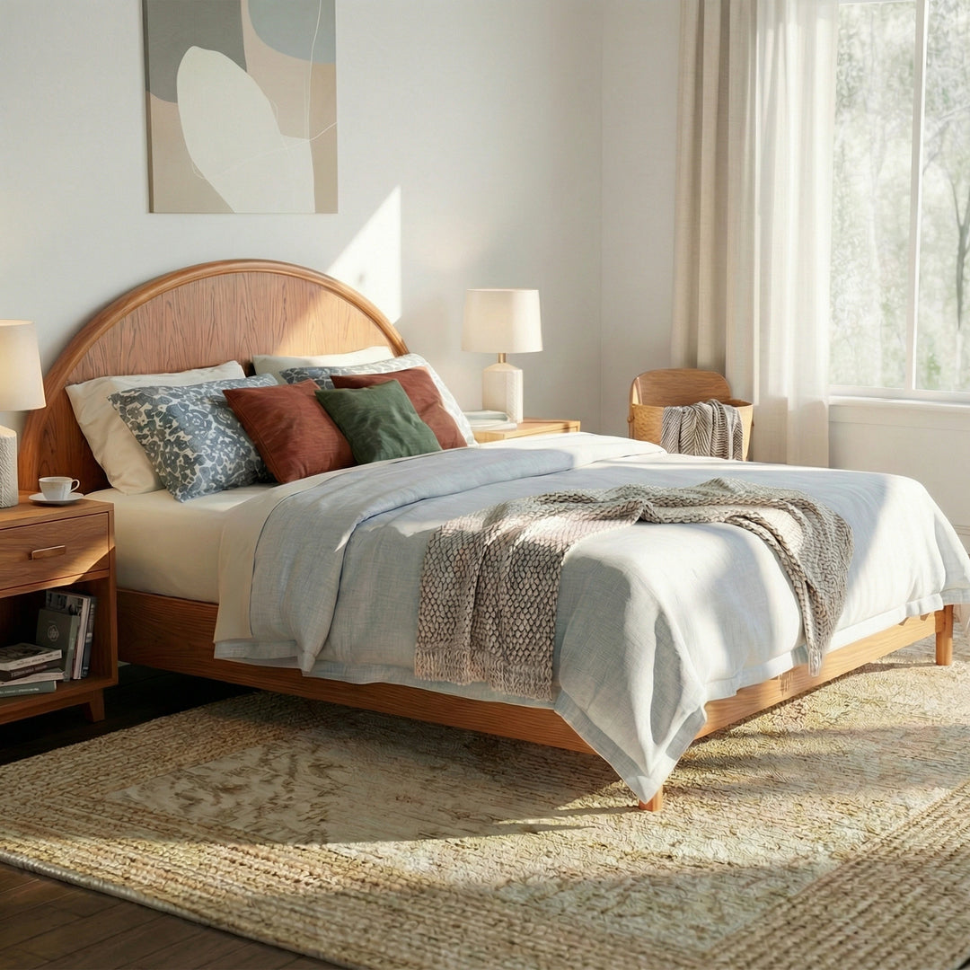 - Arden Mid-Century Modern Wooden Platform Bed with Curved Headboard