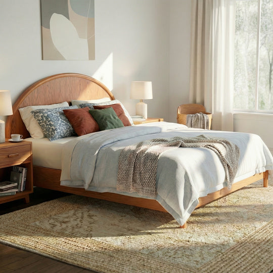 - Arden Mid-Century Modern Wooden Platform Bed with Curved Headboard