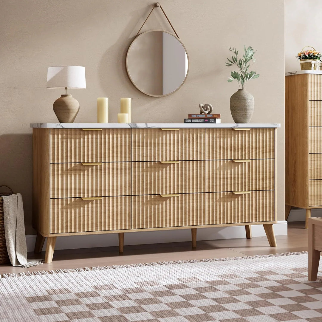 Fluted 9-Drawer Dresser, 60.6" Wide Modern Wooden Chest with Curved Design, Dresser TV Stand for Living Room, Walnut