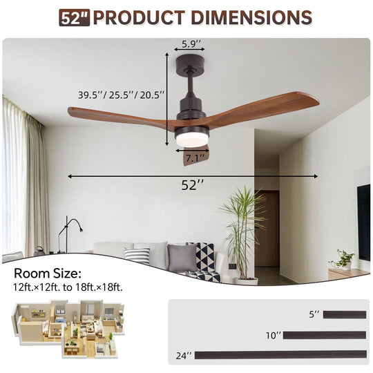 Sofucor 42"/48"/ 52"/60"Noiseless Walnut Wood Ceiling Fan with Remote Control, Integrated Light Optional