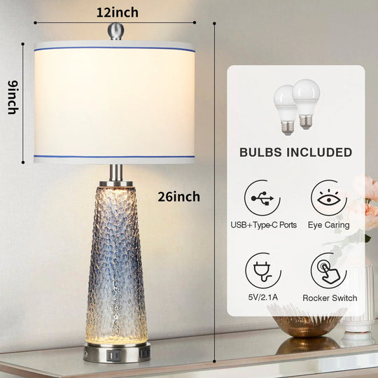 Set of 2 Blue Glass Table Lamps with 2-In-1 Nightlight, USB Ports, and Touch Control