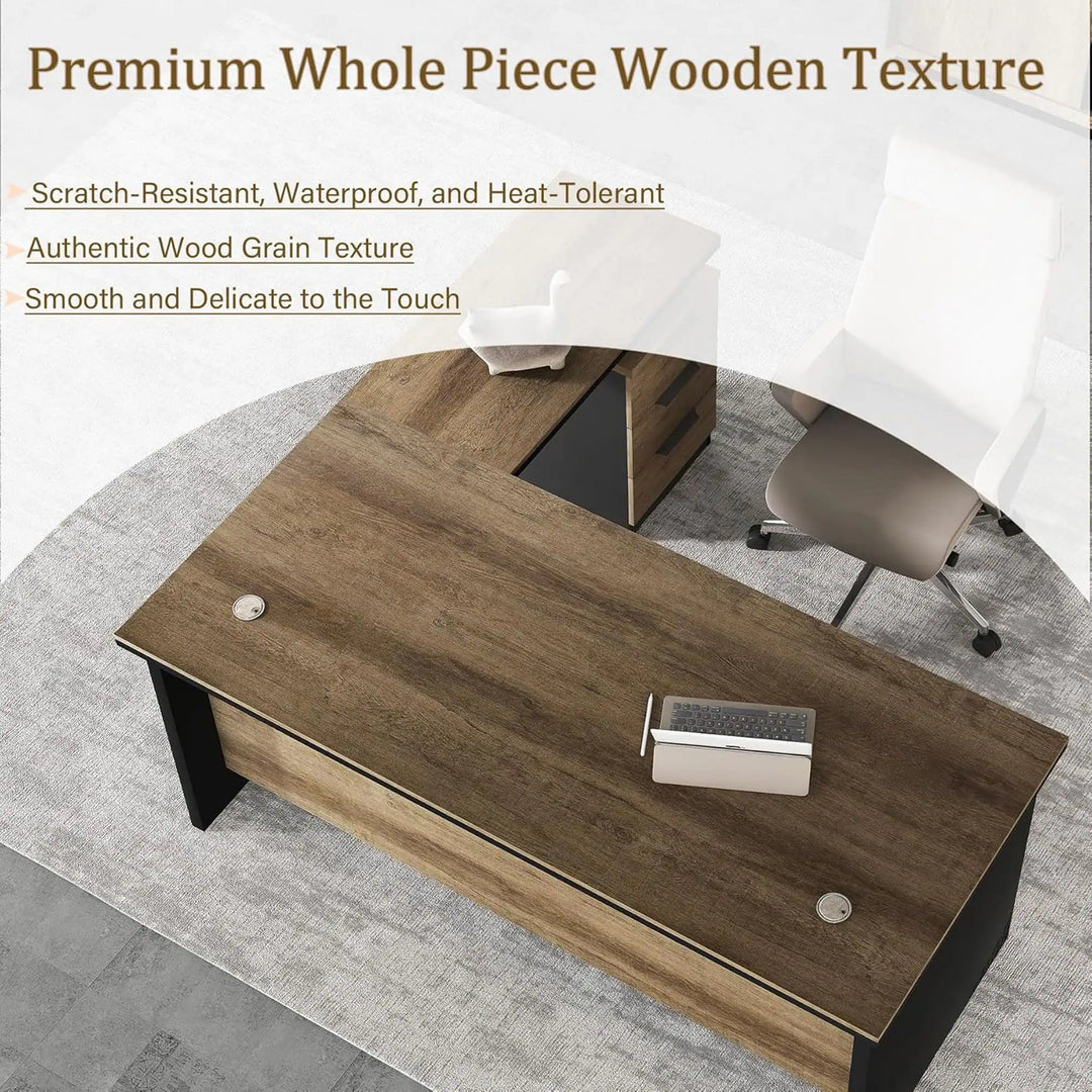 WESOME 63-Inch L Shaped Executive Desk, Industrial Modern Office Desk with 3 Storage Drawers