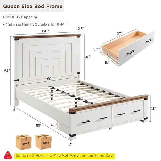 Farmhouse Wood Bed Frame with 54" Tall Headboard, 2 Large Drawers