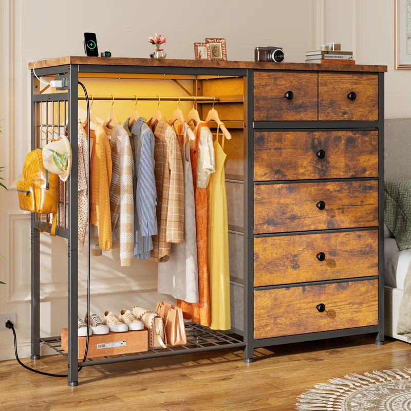 Dresser for Bedroom with Clothes Rack, 6 Drawer Dresser with Shoe Rack, Charging Station & Led Lights