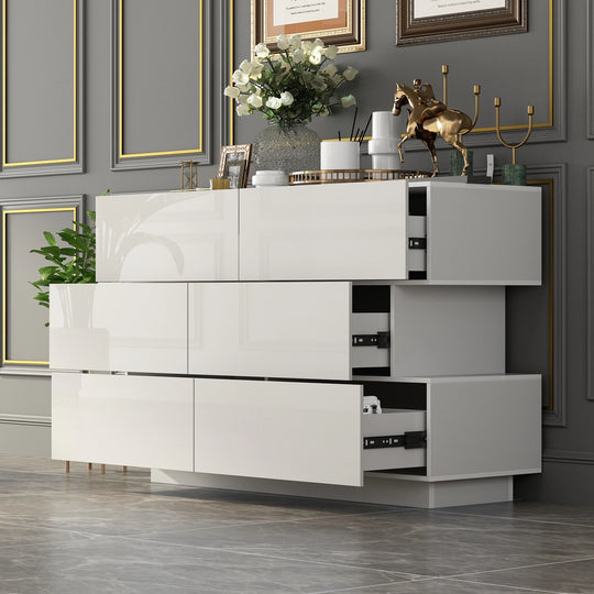 6 Drawers Dresser High Gloss Dresser Chest Off-Set Design Buffet