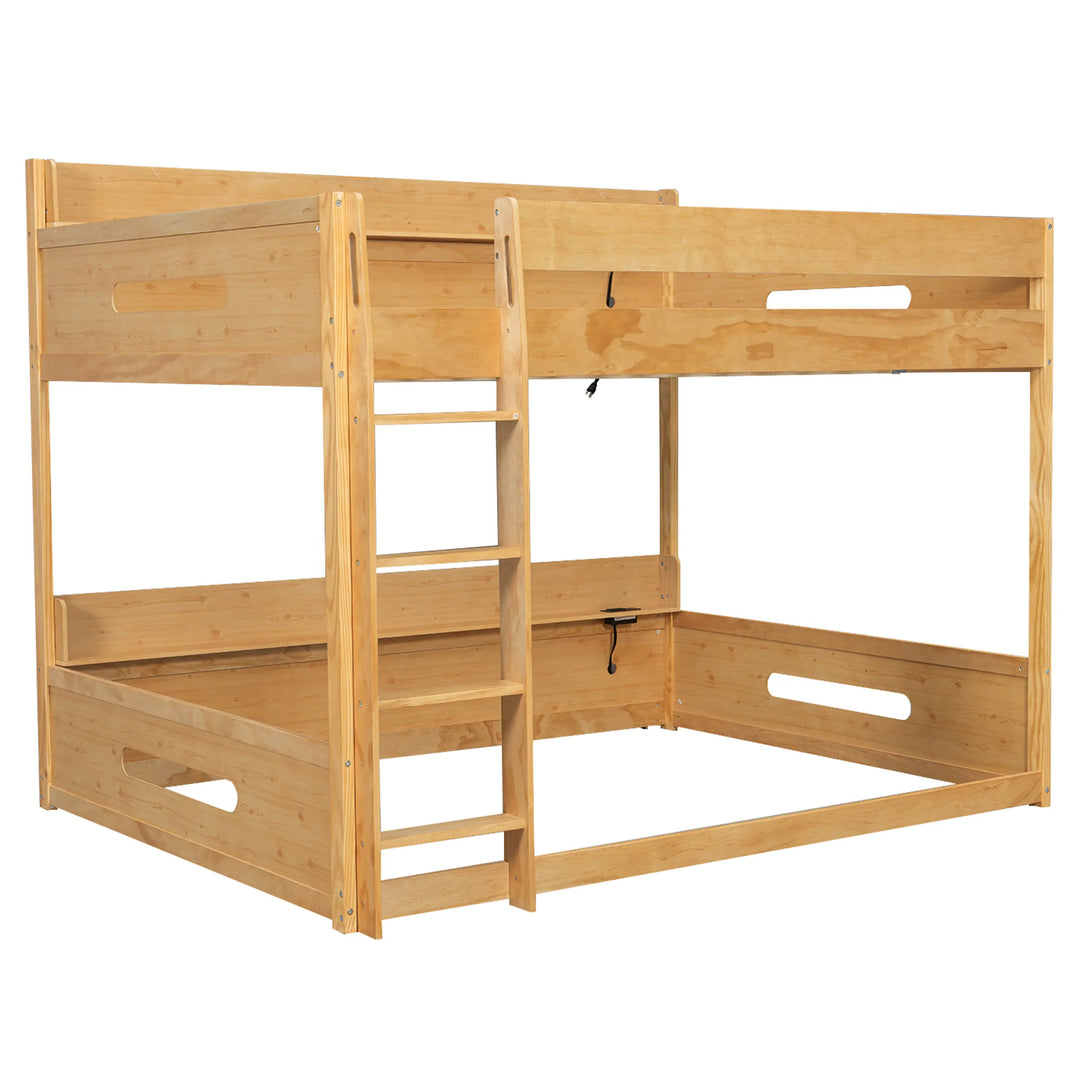 Queen over Queen Bunk Bed with Storage Shelves & USB Ports by