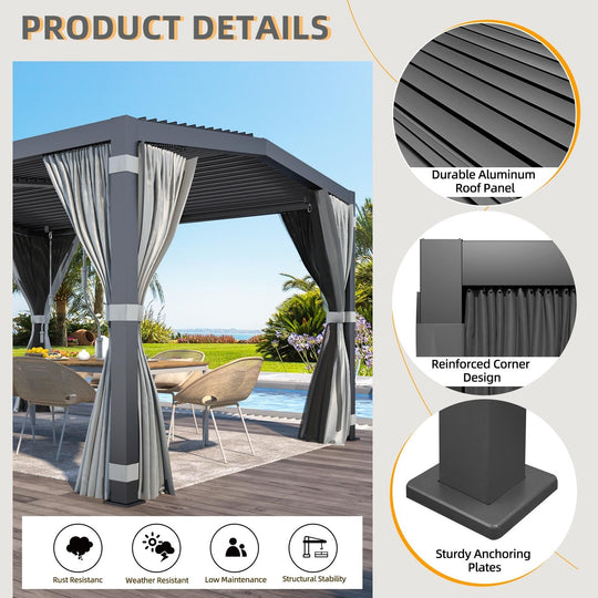 Outdoor Louvered Pergola Gazebo with Adjustable Aluminum Rainproof Roof and Pull-Down Screen