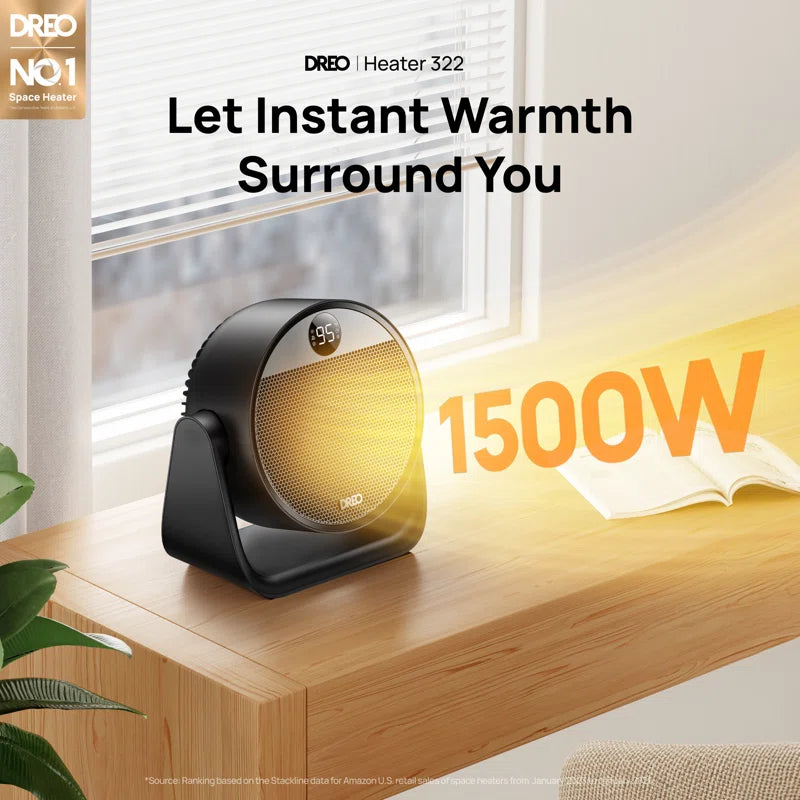 Portable Space Heater, 60° Adjustable Tilt Heater, 1500W Desk Heater for inside with Thermostat, 8 Safety Protections, 12H Timer, 3 Modes, Remote, Electric Heater for Home.
