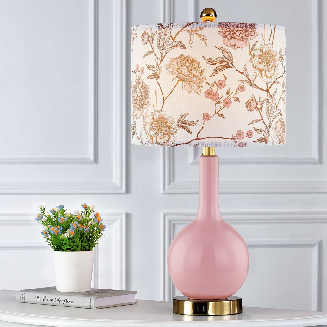 Pink Ceramic Table Lamp with Dimmable Touch Control and Dual USB Charging Ports