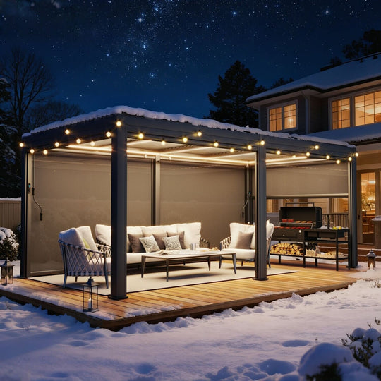 Outdoor Louvered Pergola Gazebo with Adjustable Aluminum Rainproof Roof and Pull-Down Screen