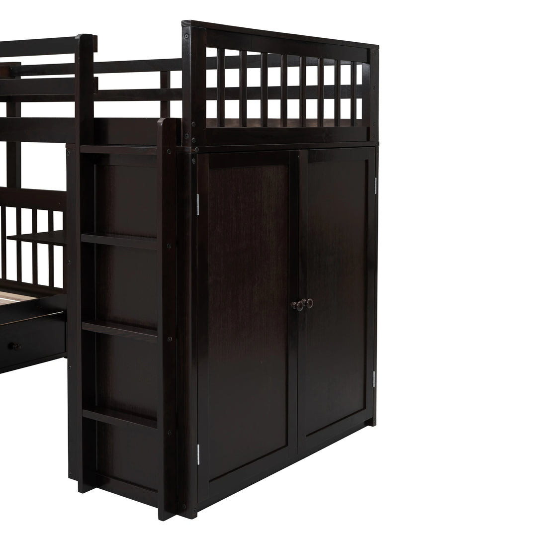 L-Shaped Bunk Bed with Three Drawers, Portable Desk and Wardrobe, Twin-Twin over Full Design