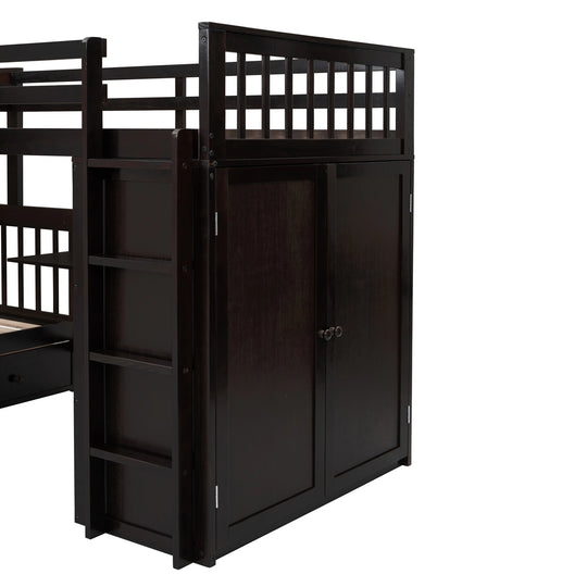 L-Shaped Bunk Bed with Three Drawers, Portable Desk and Wardrobe, Twin-Twin over Full Design