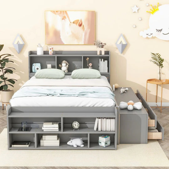 Storage Platform Bed with Bookcase Headboard,Drawers and Bed End Storage Case,Full Size