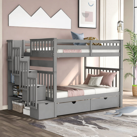Full over Full Bunk Bed with Shelves and 6 Storage Drawers, Gray