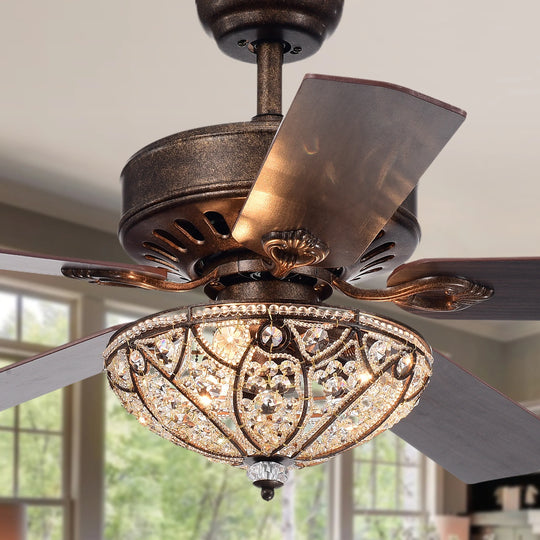 Gliska Rustic Bronze 5-Blade Lighted Ceiling Fan with Crystal Shade