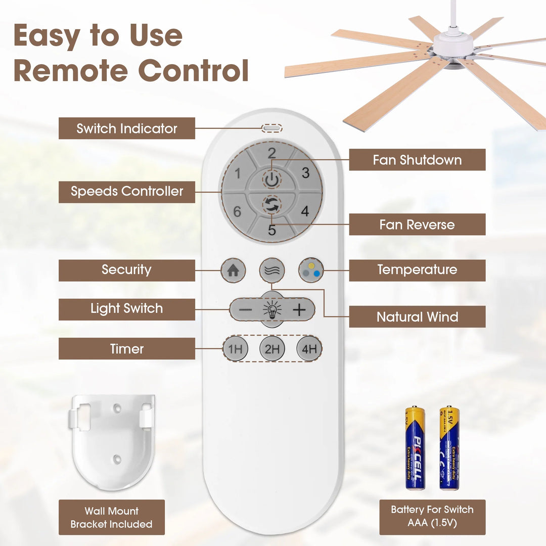 65-Inch Modern Reversible Dimmable Large Ceiling Fan with Light and Remote