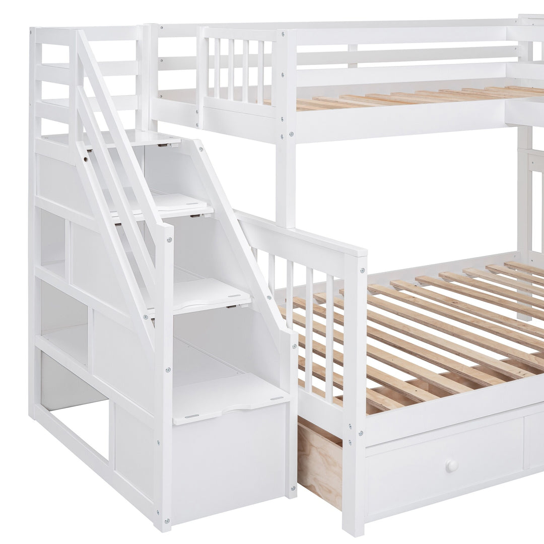 L-Shaped Bunk Bed with Three Drawers, Portable Desk and Wardrobe, Twin-Twin over Full Design